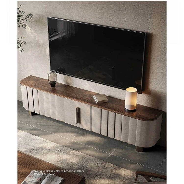 Sleek PU Leather TV Stand with Black Walnut Wood Finish - Modern Multi-Layer Board Design for Stylish Living Rooms fsu-5245