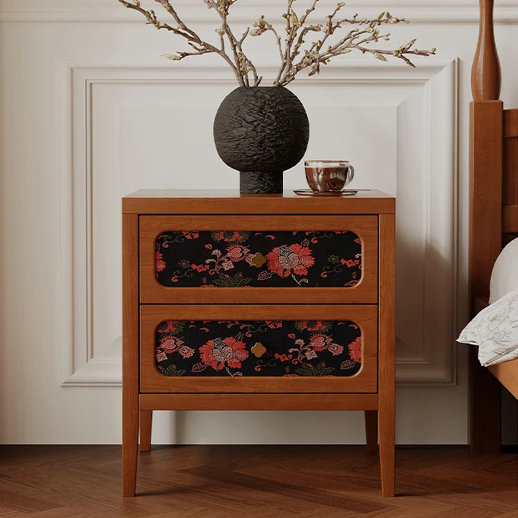 Elegant Solid Wood Bedside Cupboard with Floral Accents - Ash & Cherry Finish ful-4461