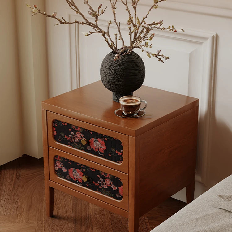 Elegant Solid Wood Bedside Cupboard with Floral Accents - Ash & Cherry Finish ful-4461