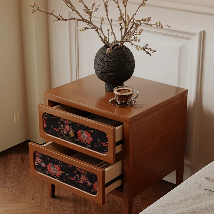 Elegant Solid Wood Bedside Cupboard with Floral Accents - Ash & Cherry Finish ful-4461