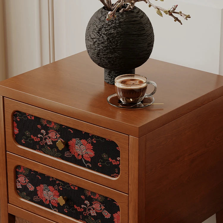 Elegant Solid Wood Bedside Cupboard with Floral Accents - Ash & Cherry Finish ful-4461