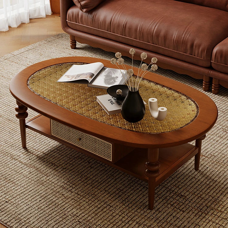 Chic Solid Wood Tea Table with Glass and Rattan Weaving Design - Perfect for Elegant Living Rooms ful-4462