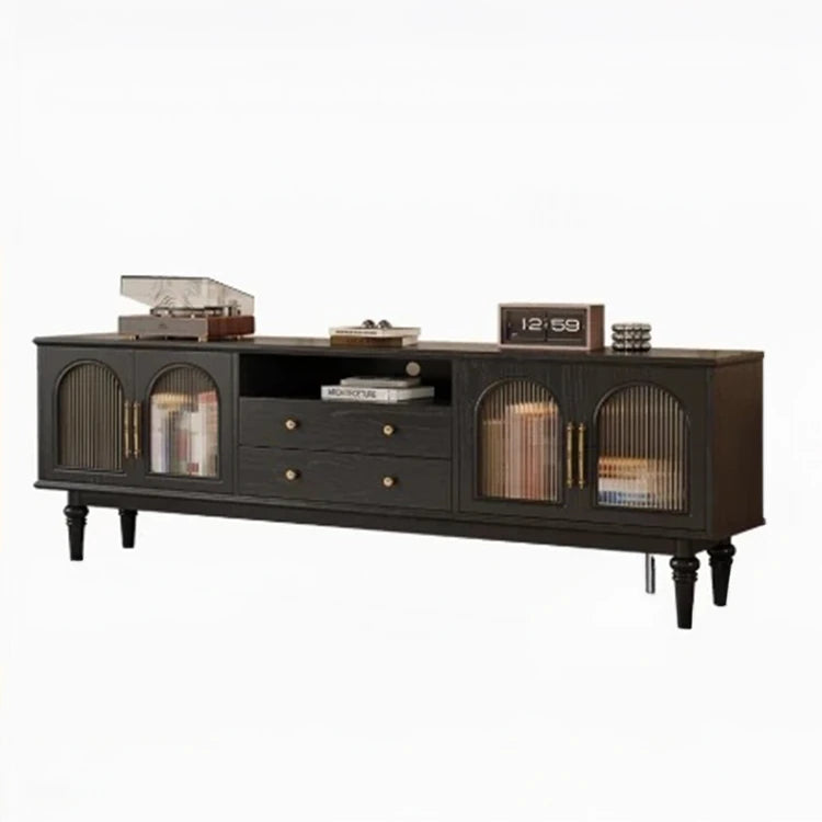 Elegant Black Tempered Glass TV Cabinet - Modern Living Room Furniture with Storage Solutions fvp-4588