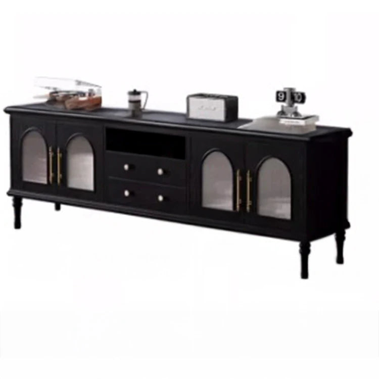 Elegant Black Tempered Glass TV Cabinet - Modern Living Room Furniture with Storage Solutions fvp-4588
