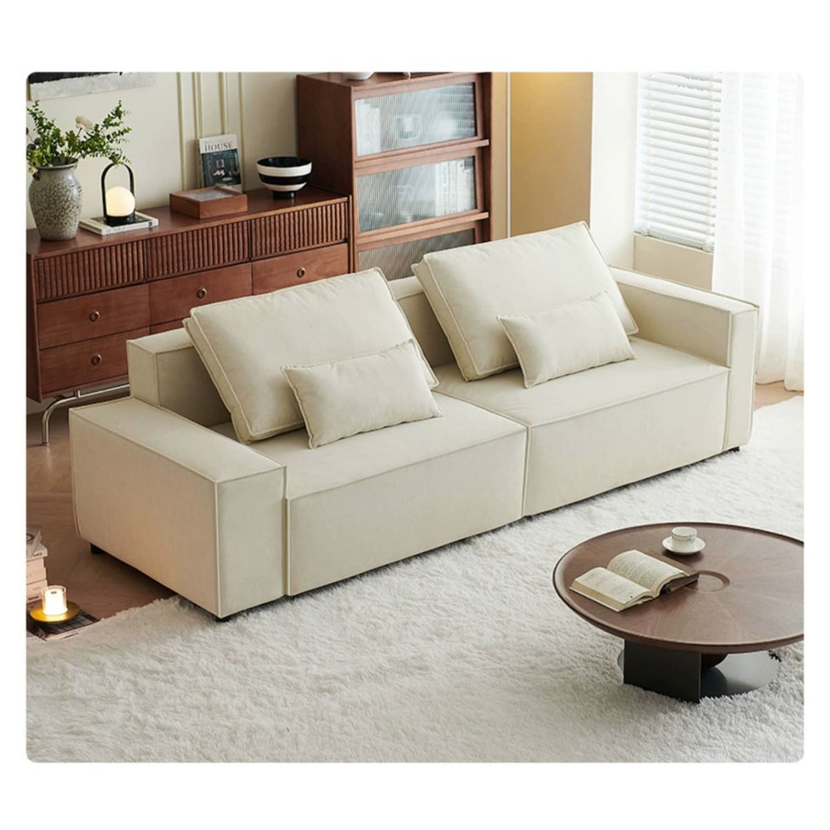 Stylish Beige Faux Leather Sofa with Elegant Pine Wood Frame fwlp-939