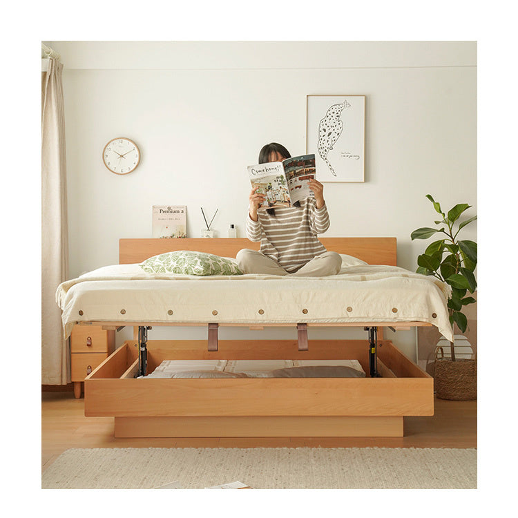 Elegant Beech Wood Bed Frame - Natural Finish with Sturdy Metal Accents fxgmz-582