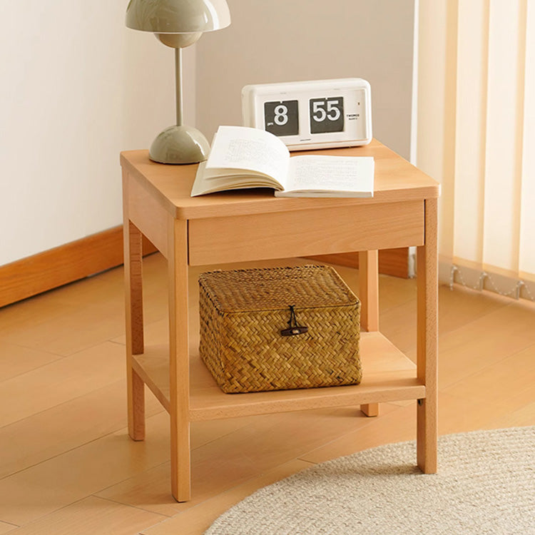 Beech Wood Rattan Bedside Table - Natural Wood Color Multi-Layer Board Nightstand fxgmz-589