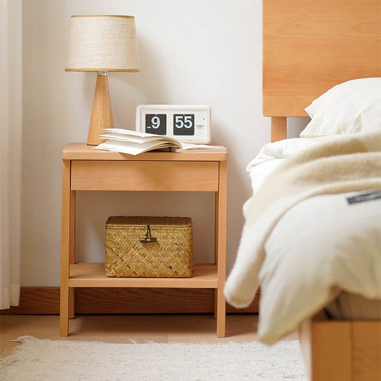 Sleek Beech Wood Bedside Cupboard - Durable Multi-Layer Board in Natural Finish fxgmz-590