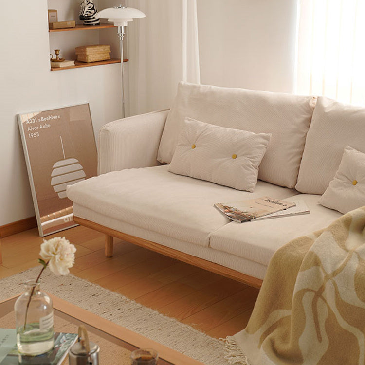 Luxurious Goose Down Corduroy Sofa in Off White with Oak Wood and Color Options fxgmz-604