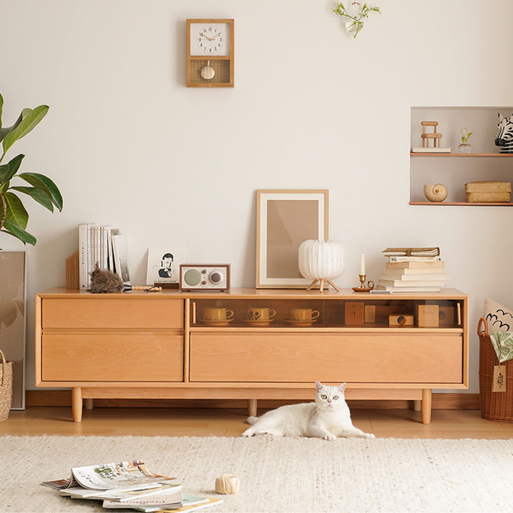 Stylish Beech Wood TV Cabinet with Metal & Glass Shelving fxgmz-613