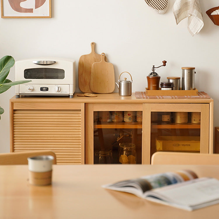 Stylish Beech Wood Multi-Layer Cabinet with Glass Doors and Synthetic Leather Accents fxgmz-614