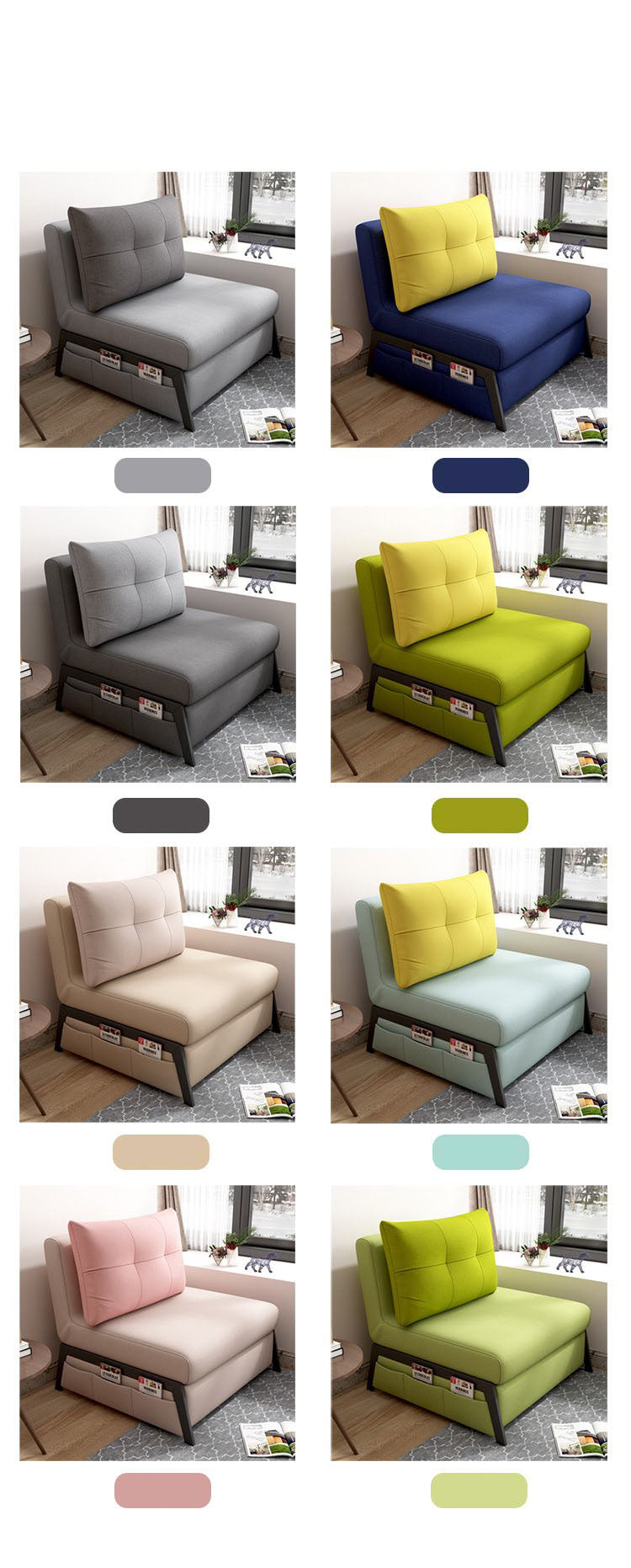 Stylish Multi-Color Techno Fabric Sofa Bed with Wood Accents – Light Gray, Yellow, Pink, and Light Green fxgz-271