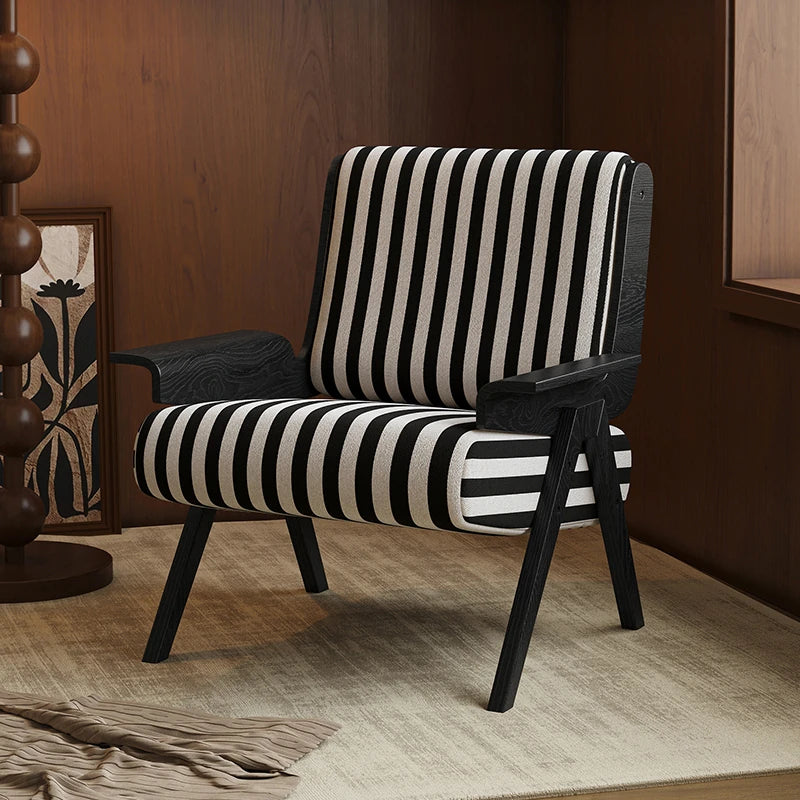 Stylish Black and White Striped Accent Chair with Ash Wood Frame – Perfect for Modern Living Spaces fxmj-3046