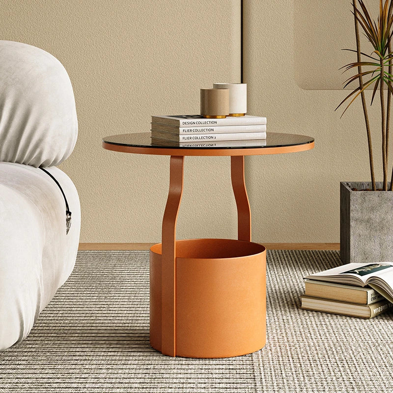 Stylish Tempered Glass Coffee Table with Unique Orange Base and Storage Compartment for Modern Living Rooms fxmj-3056