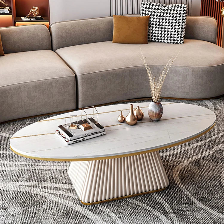 Elegant Sintered Stone Coffee Table with Synthetic Leather Base – Modern Oval Design for Living Room Décor fxmj-3057