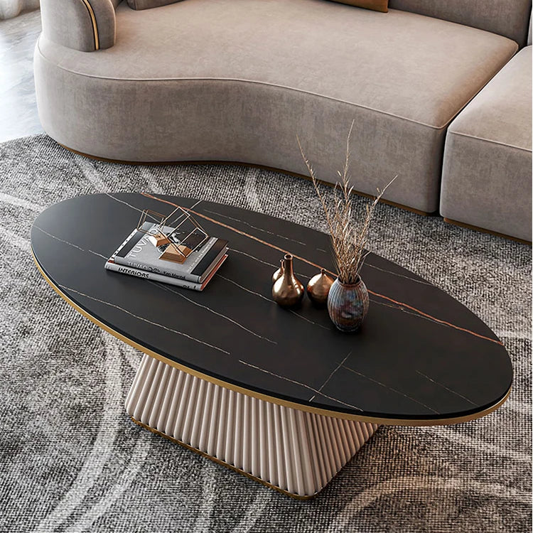 Elegant Sintered Stone Coffee Table with Synthetic Leather Base – Modern Oval Design for Living Room Décor fxmj-3057
