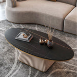 Elegant Sintered Stone Coffee Table with Synthetic Leather Base – Modern Oval Design for Living Room Décor fxmj-3057