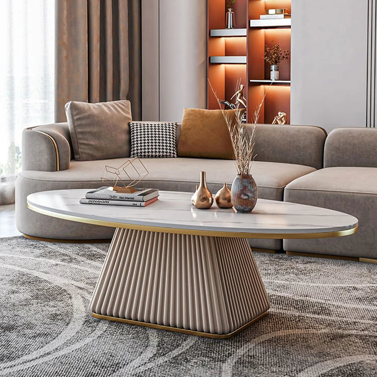 Elegant Sintered Stone Coffee Table with Synthetic Leather Base – Modern Oval Design for Living Room Décor fxmj-3057