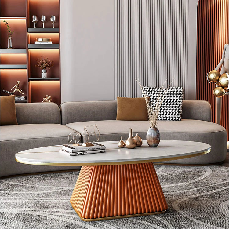 Elegant Sintered Stone Coffee Table with Synthetic Leather Base – Modern Oval Design for Living Room Décor fxmj-3057