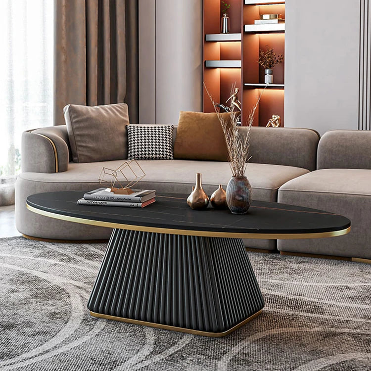 Elegant Sintered Stone Coffee Table with Synthetic Leather Base – Modern Oval Design for Living Room Décor fxmj-3057