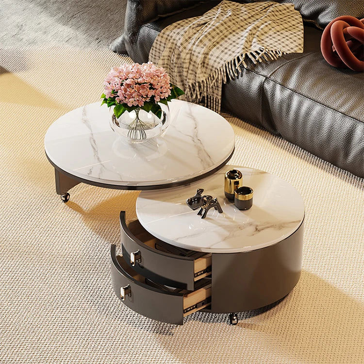 Modern Round Coffee Table with Sintered Stone Top and Solid Wood Base - Stylish Living Room Furniture fxxrj-3158