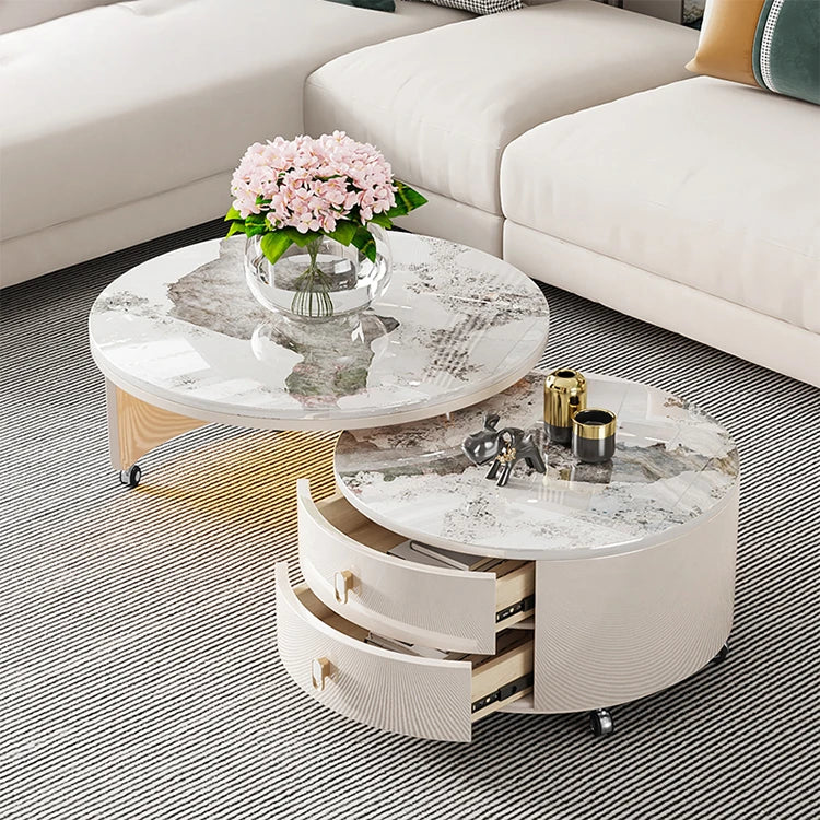 Modern Round Coffee Table with Sintered Stone Top and Solid Wood Base - Stylish Living Room Furniture fxxrj-3158