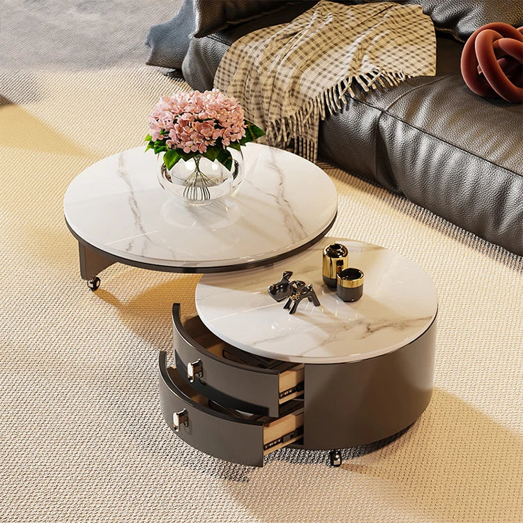 Modern Round Coffee Table with Sintered Stone Top and Solid Wood Base - Stylish Living Room Furniture fxxrj-3158
