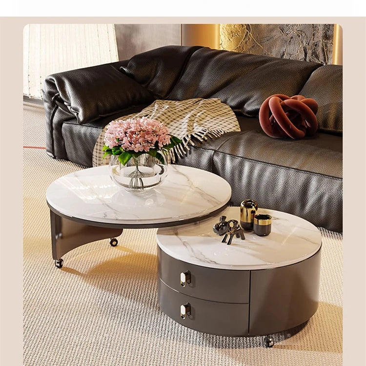 Modern Round Coffee Table with Sintered Stone Top and Solid Wood Base - Stylish Living Room Furniture fxxrj-3158