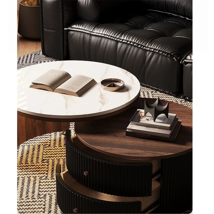 Modern Round Coffee Table with Sintered Stone Top and Solid Wood Base - Stylish Living Room Furniture fxxrj-3158