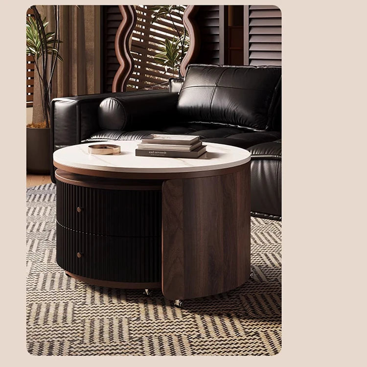 Modern Round Coffee Table with Sintered Stone Top and Solid Wood Base - Stylish Living Room Furniture fxxrj-3158