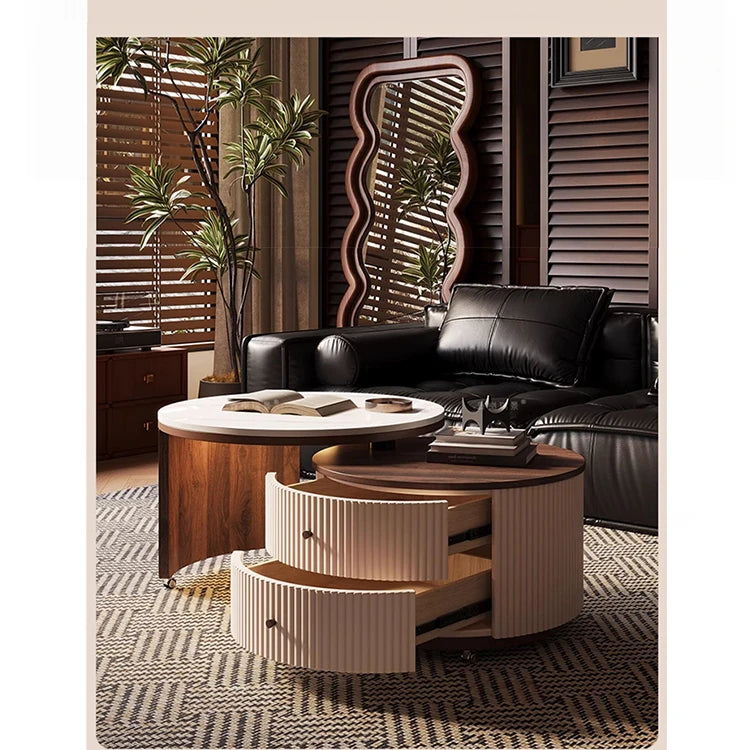 Modern Round Coffee Table with Sintered Stone Top and Solid Wood Base - Stylish Living Room Furniture fxxrj-3158