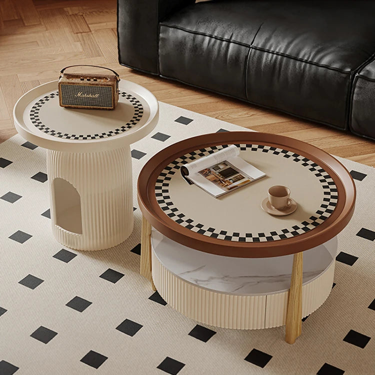 Modern Sintered Stone and Solid Wood Coffee Table Set - Stylish Living Room Accent with Checkered Design fxxrj-3160