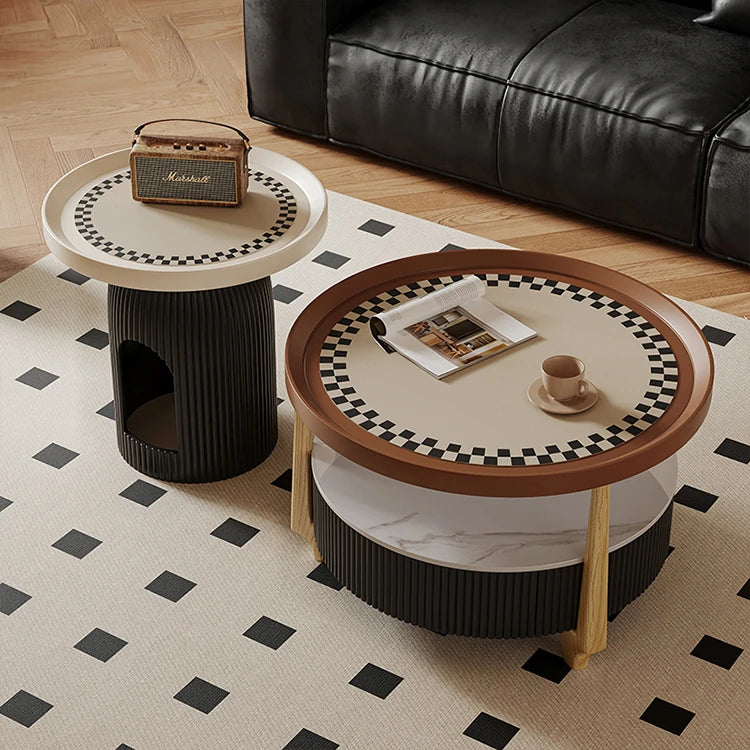 Modern Sintered Stone and Solid Wood Coffee Table Set - Stylish Living Room Accent with Checkered Design fxxrj-3160