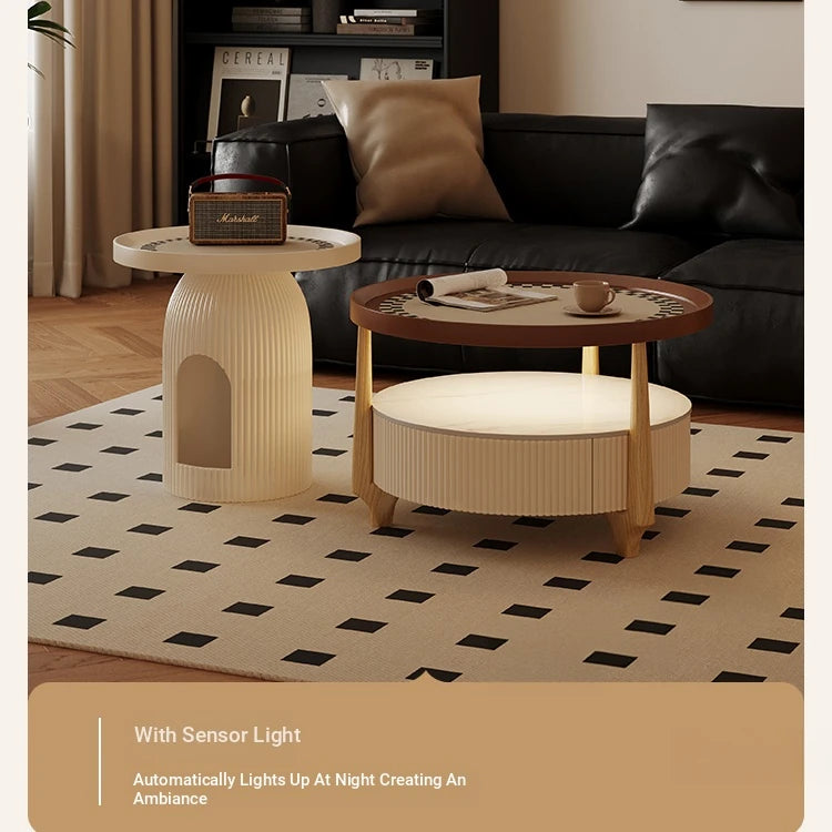 Modern Sintered Stone and Solid Wood Coffee Table Set - Stylish Living Room Accent with Checkered Design fxxrj-3160