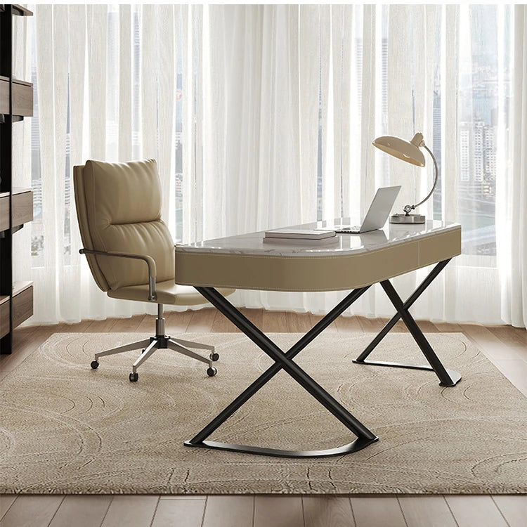 Stylish Multi-Layer Board Desk with Marble Pine Finish and Synthetic Leather Accents for Modern Workspaces fyd-5174