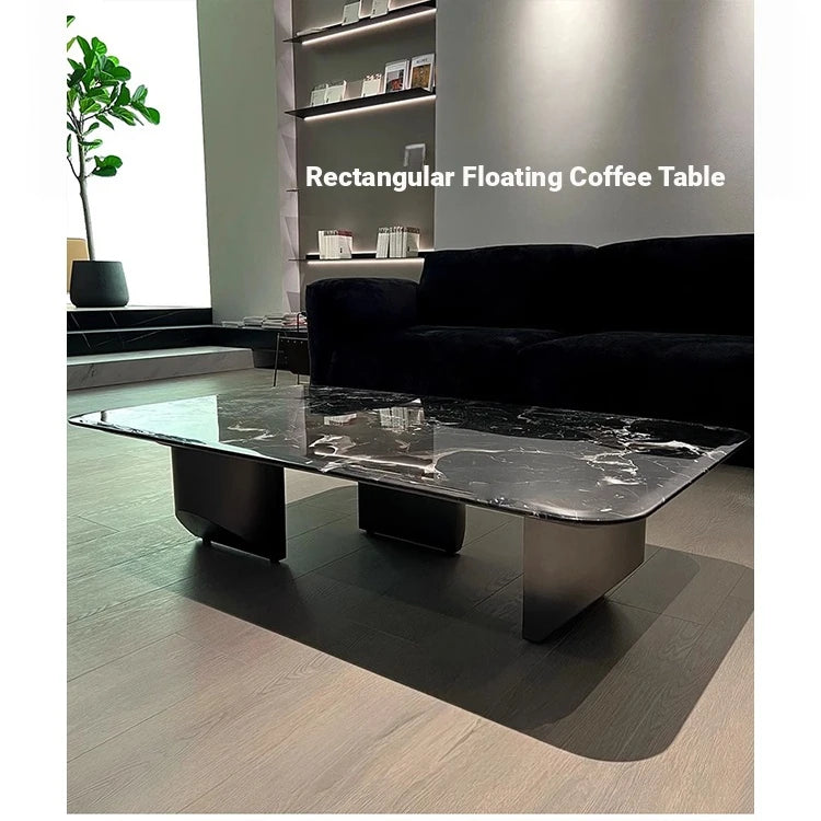 Elegant Black Marble Tea Table – Modern Floating Design with Stainless Steel Accents and Multi-Layer Board Base fyeyj-5212
