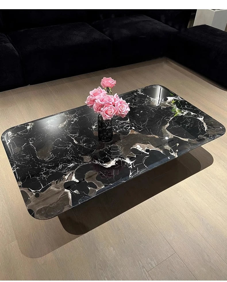 Elegant Black Marble Tea Table – Modern Floating Design with Stainless Steel Accents and Multi-Layer Board Base fyeyj-5212