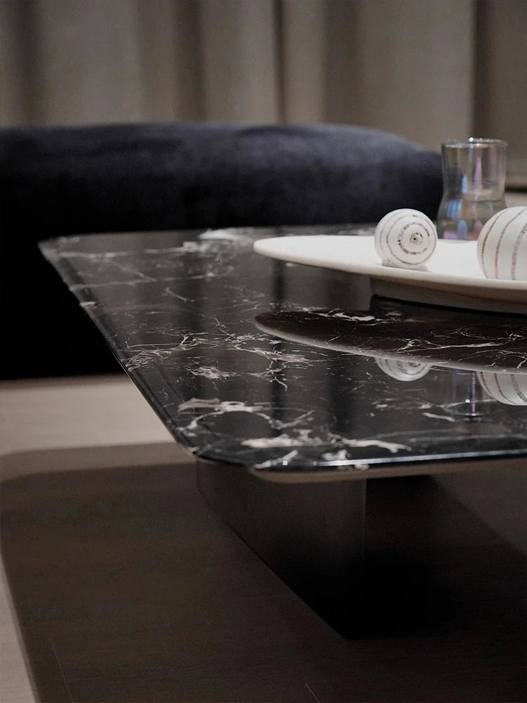 Elegant Black Marble Tea Table – Modern Floating Design with Stainless Steel Accents and Multi-Layer Board Base fyeyj-5212