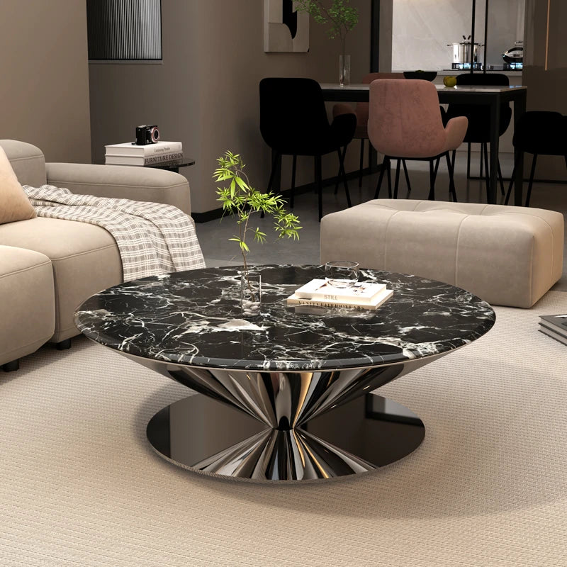 Stylish Marble and Stainless Steel Tea Table - Modern Round Coffee Table for Elegant Living Rooms fyeyj-5214