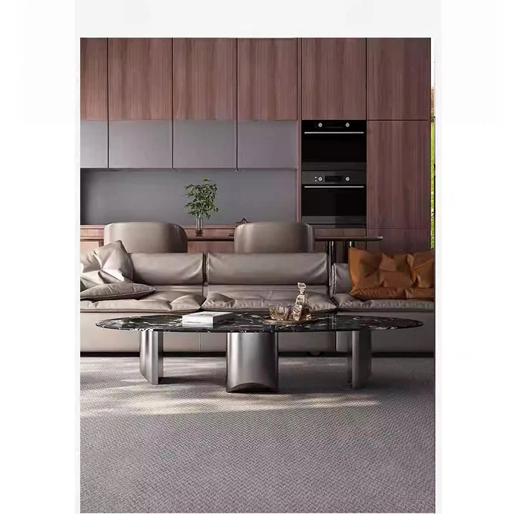 Elegant Black Marble Coffee Table with Stainless Steel Base - Modern Home Decor fyeyj-5218