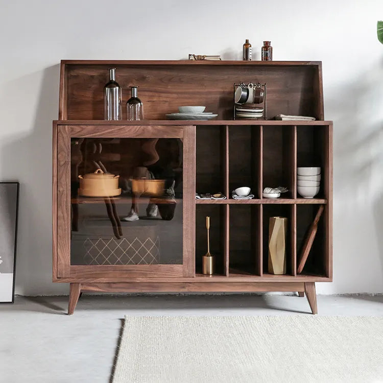 Sleek Pine and Walnut Wood Cabinet with Glass Display - Modern Storage Solution fyf-2228