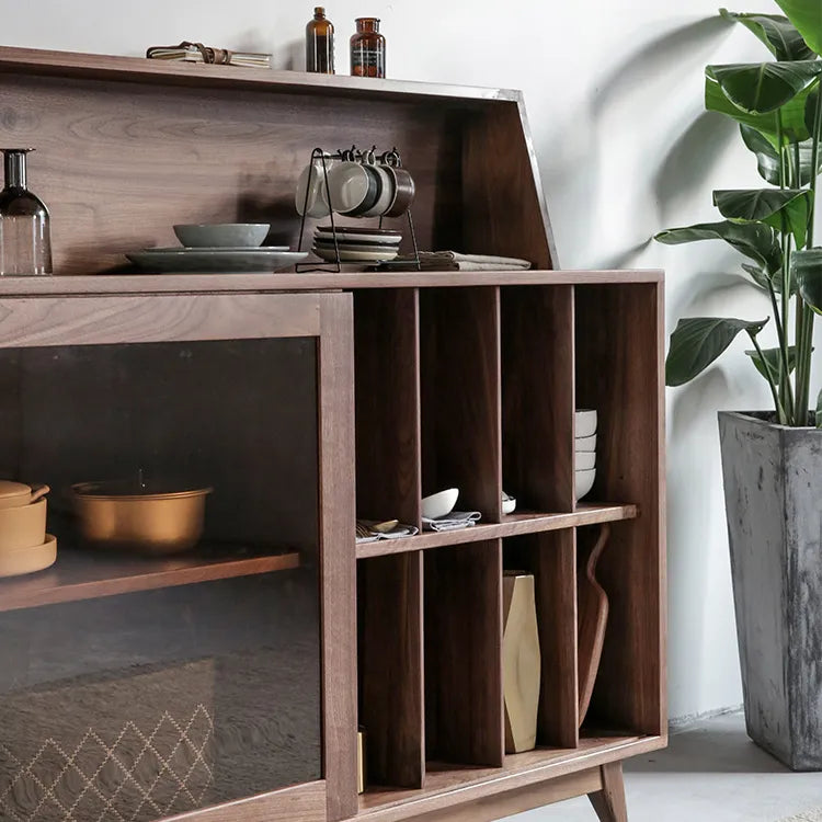 Sleek Pine and Walnut Wood Cabinet with Glass Display - Modern Storage Solution fyf-2228