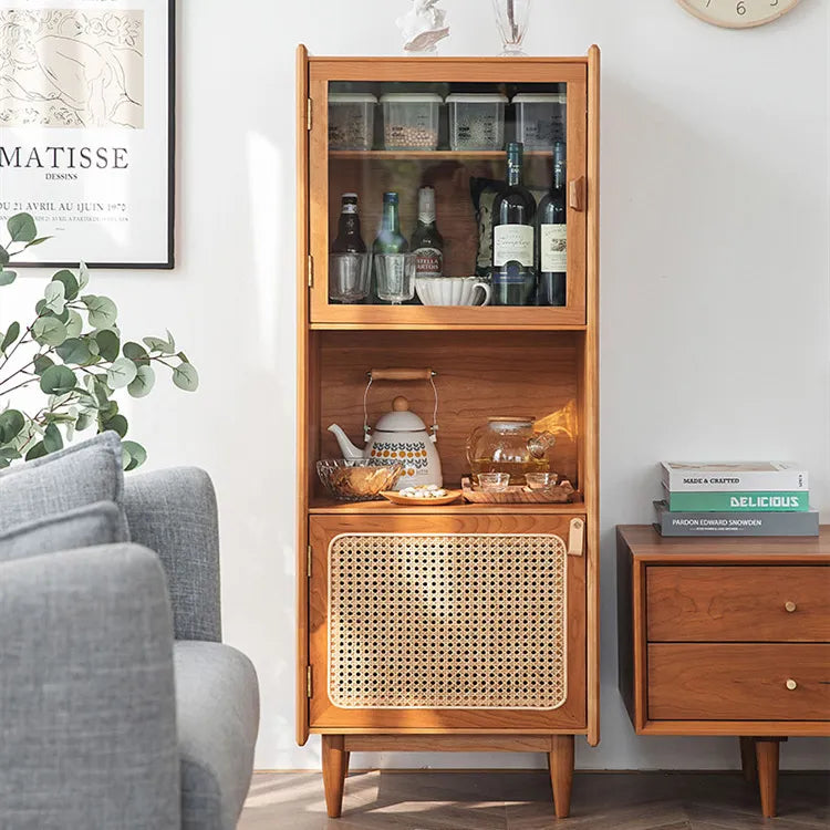 Solid Wood Rattan & Glass Cabinet - Elegant Storage Solution for Modern Living Rooms fyf-2239