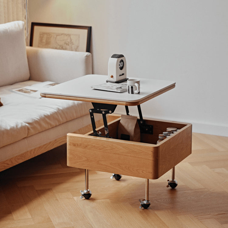 Elegant White Tea Table with Natural Wood & Sintered Stone Top – Cherry Wood & Stainless Steel Frame fyg-665