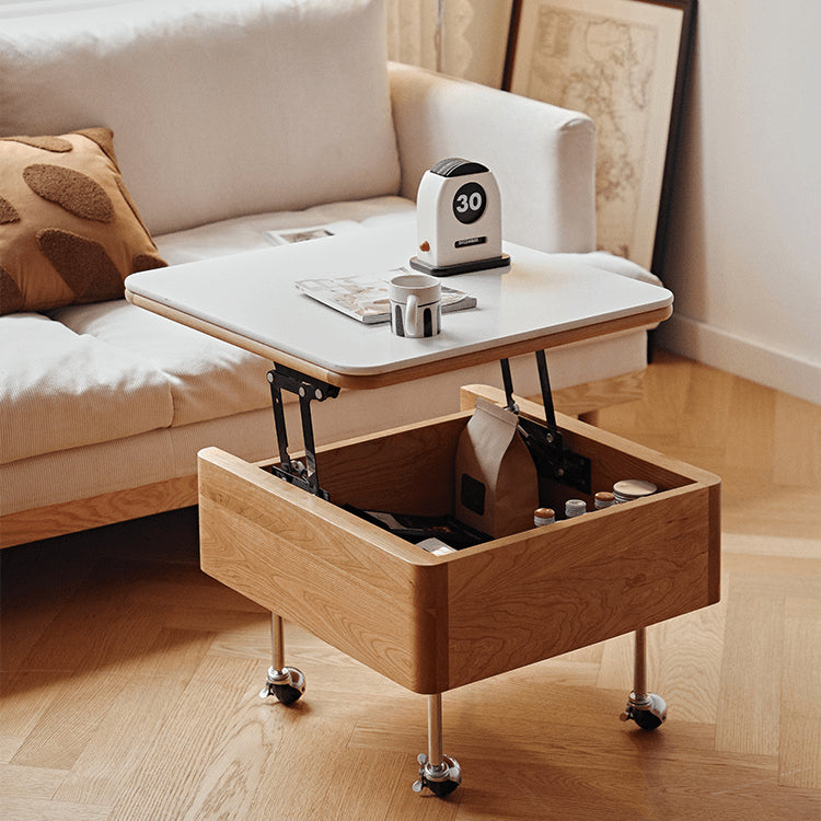 Elegant White Tea Table with Natural Wood & Sintered Stone Top – Cherry Wood & Stainless Steel Frame fyg-665