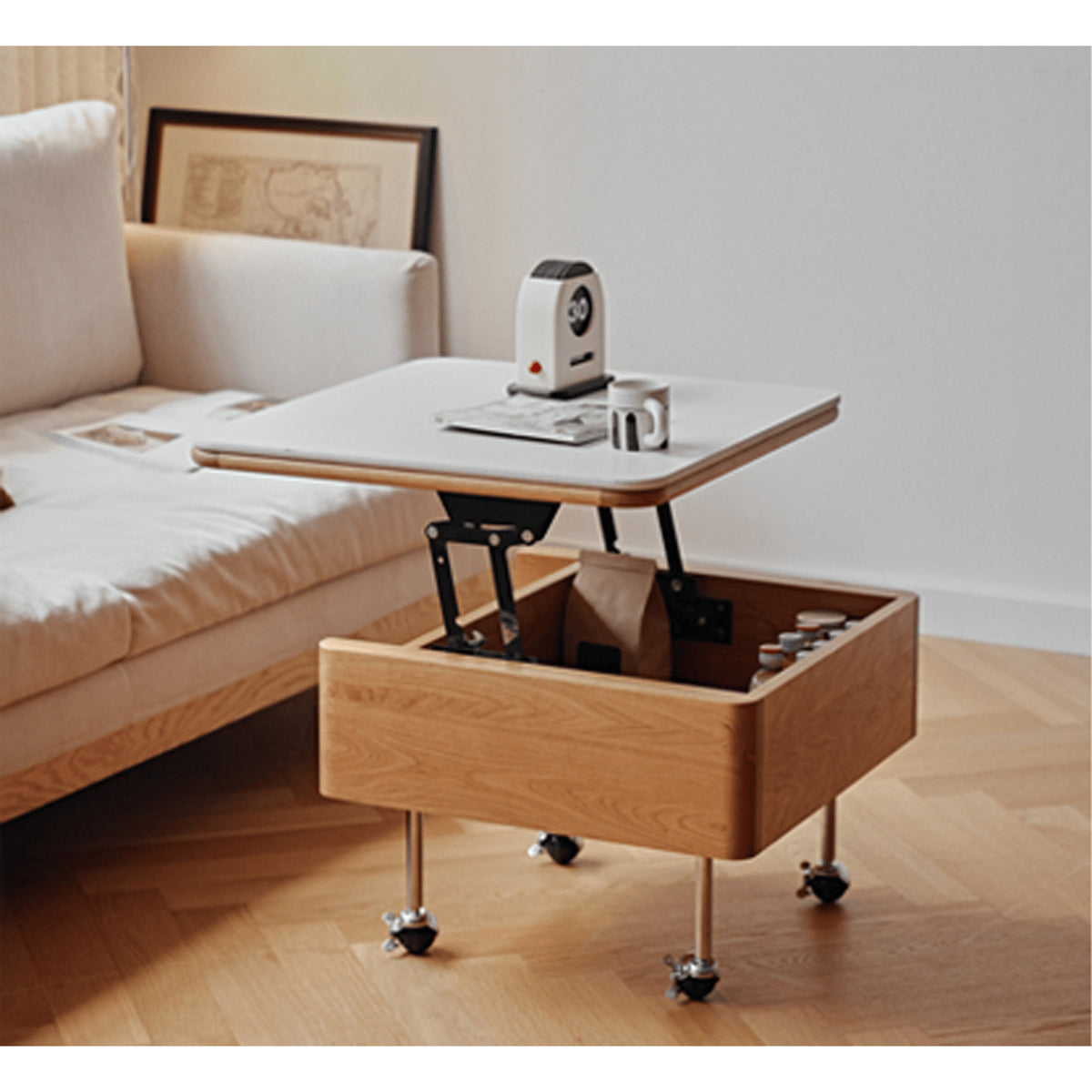 Stylish Light Oak Wood Tea Table with Metal and Nylon Accents - Natural Brown Finish fyg-666