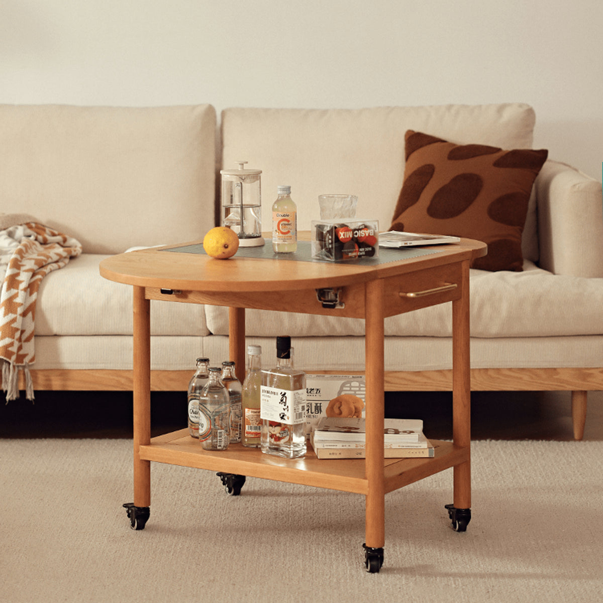 Stylish Light Oak Wood Tea Table with Metal and Nylon Accents - Natural Brown Finish fyg-666