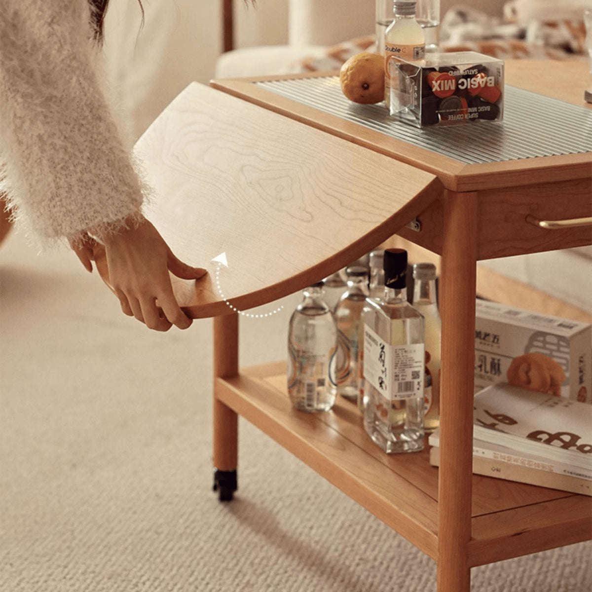 Stylish Light Oak Wood Tea Table with Metal and Nylon Accents - Natural Brown Finish fyg-666