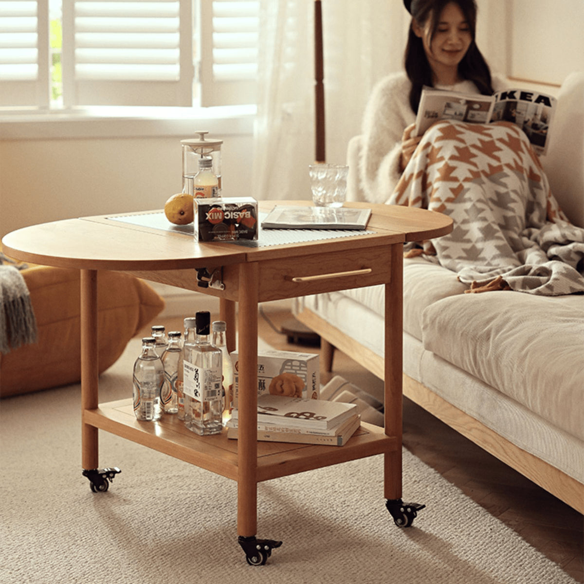 Stylish Light Oak Wood Tea Table with Metal and Nylon Accents - Natural Brown Finish fyg-666