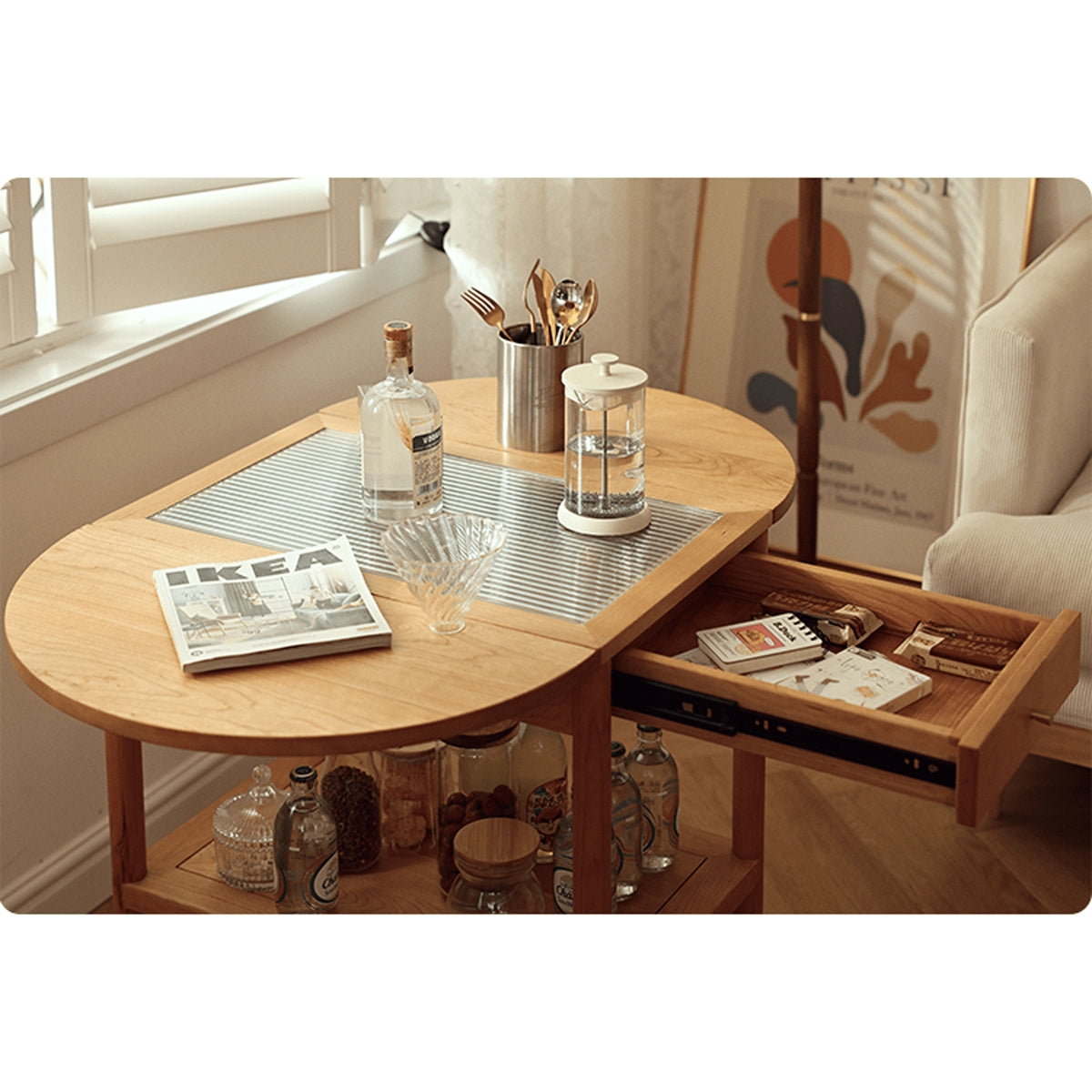 Stylish Light Oak Wood Tea Table with Metal and Nylon Accents - Natural Brown Finish fyg-666
